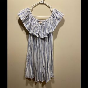 Blue and white striped off the shoulders dress.